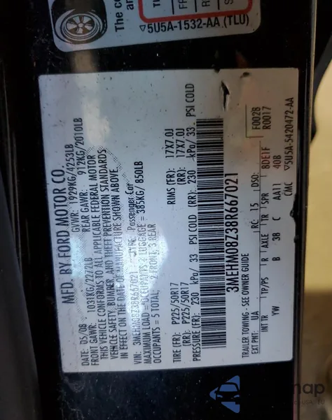 2008 Mercury Milan Premier z USA, uszkodzony, nr VIN 3MEHM08Z38R667021